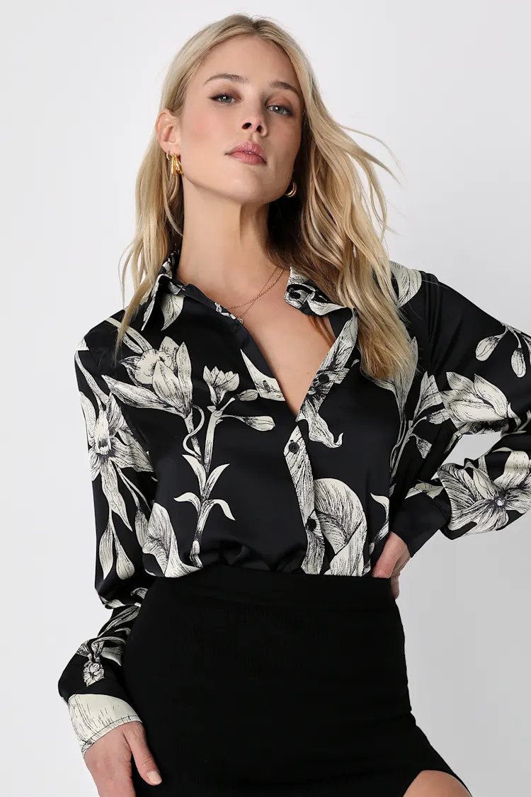 Stylish Update Black Floral Long Sleeve Button-Up Top | Lulus