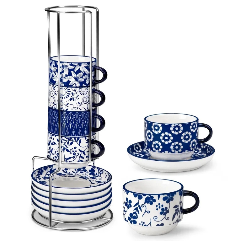 Malacasa Stackable Espresso Cups Set of 6, 8 oz Cappuccino Cups with Saucers and Rack, Coffee Mug... | Walmart (US)