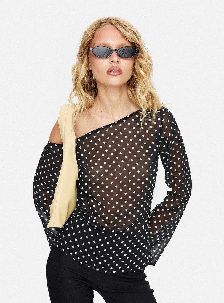 Shiona Sheer One Shoulder Long Sleeve Top Black Polka | Princess Polly US