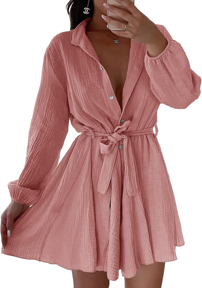 Foshow Womens Button Down V Neck Dresses Tunic Tie Waist Swing Mini Dress Casual Solid Long Sleev... | Amazon (US)