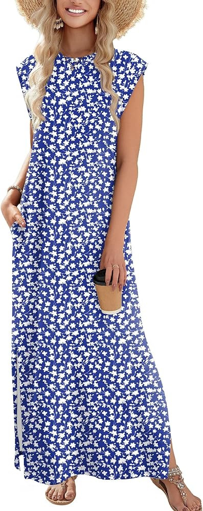 Zeagoo Women Floral Maxi Dress Summer Casual Sleeveless Sundress Crew Neck Long Dresses with Pock... | Amazon (US)