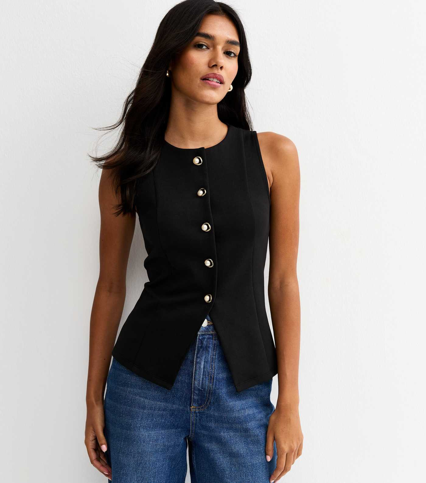 Black Jersey Crew Neck Faux Pearl Button Waistcoat | New Look | New Look (UK)