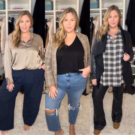 3 plus size looks of items currently on sale! The look on the left is a pair of Abercrombie trousers and blouse (size XXL for both). The middle look is a pair of Abercrombie 35 Ultra High Rise Ankle Jeans, a simple black tee fro Walmart (size 2X) and a blazer from Madewell (size 2X). The look on the right is a flannel top from Madewell (size 1X), a pair of leather flair pants from Spanx (size 2X), the Spanx drape jacket (size 1X), and a pair of wide width Dream Cloud boots from Lane Bryant! 

Abercrombie is 30% off everything + 15% off with code CYBERAF AND free shipping, Madewell is 50-60% off with code CLICK, Spanx is 20% off everything, and Lane Bryant is 60% off!

#LTKCyberweek #LTKcurves #LTKSeasonal