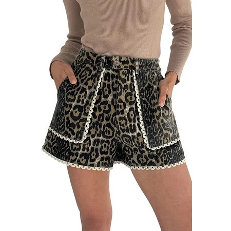 Chic Khaki Contrast Lace Trim Leopard Print Denim Shorts for Women – Perfect for Daily Outings, L | Walmart (US)