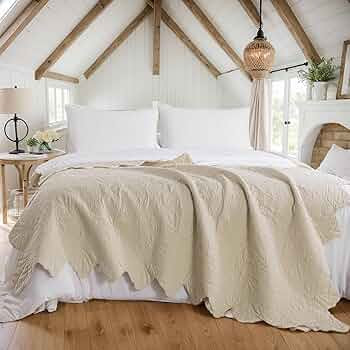 Brandream Beige Scalloped Edge Quilt Cotton Quilted Throw Blanket for Bed Couch Daybed 47 X 60 In... | Amazon (US)