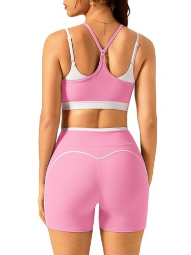 Womens Workout Sets 2 Piece Matching Gym Set High Waist Shorts With Pockets & Sports Bra Yoga Athletic Outfits Set Pink S | Amazon (US)