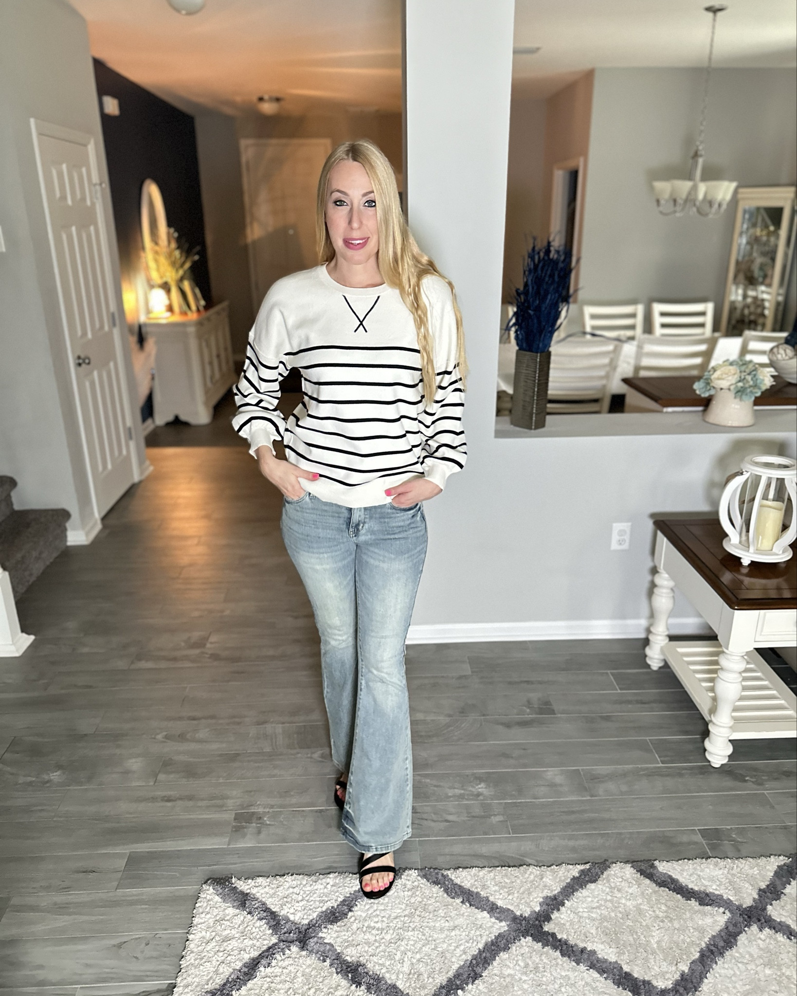 Oversized Striped Sweater 
🤍 super soft and stretchy material 
🤍 wear to work or play 
🤍 wearing size small in the sweater and size 3 in the denim 

#LTKStyleTip #LTKFindsUnder100 #LTKFindsUnder50