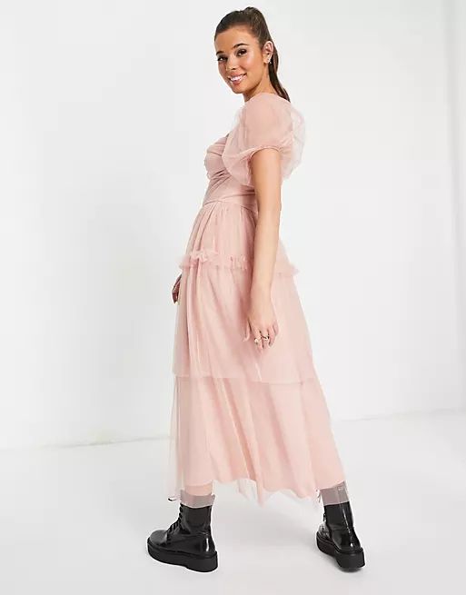 Miss Selfridge twist front tulle bardot tiered midi dress in blush | ASOS (Global)