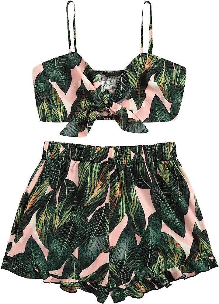 SweatyRocks Women's 2 Piece Casual Summer Sleeveless Pink And Green Crop Top Camisole with Shorts | Amazon (US)