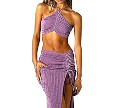 Women Hollow Out 2 Piece Skirt Set Y2K Halter Backless Crop Camis Slim Fit Tube Tops Split Maxi S... | Amazon (US)