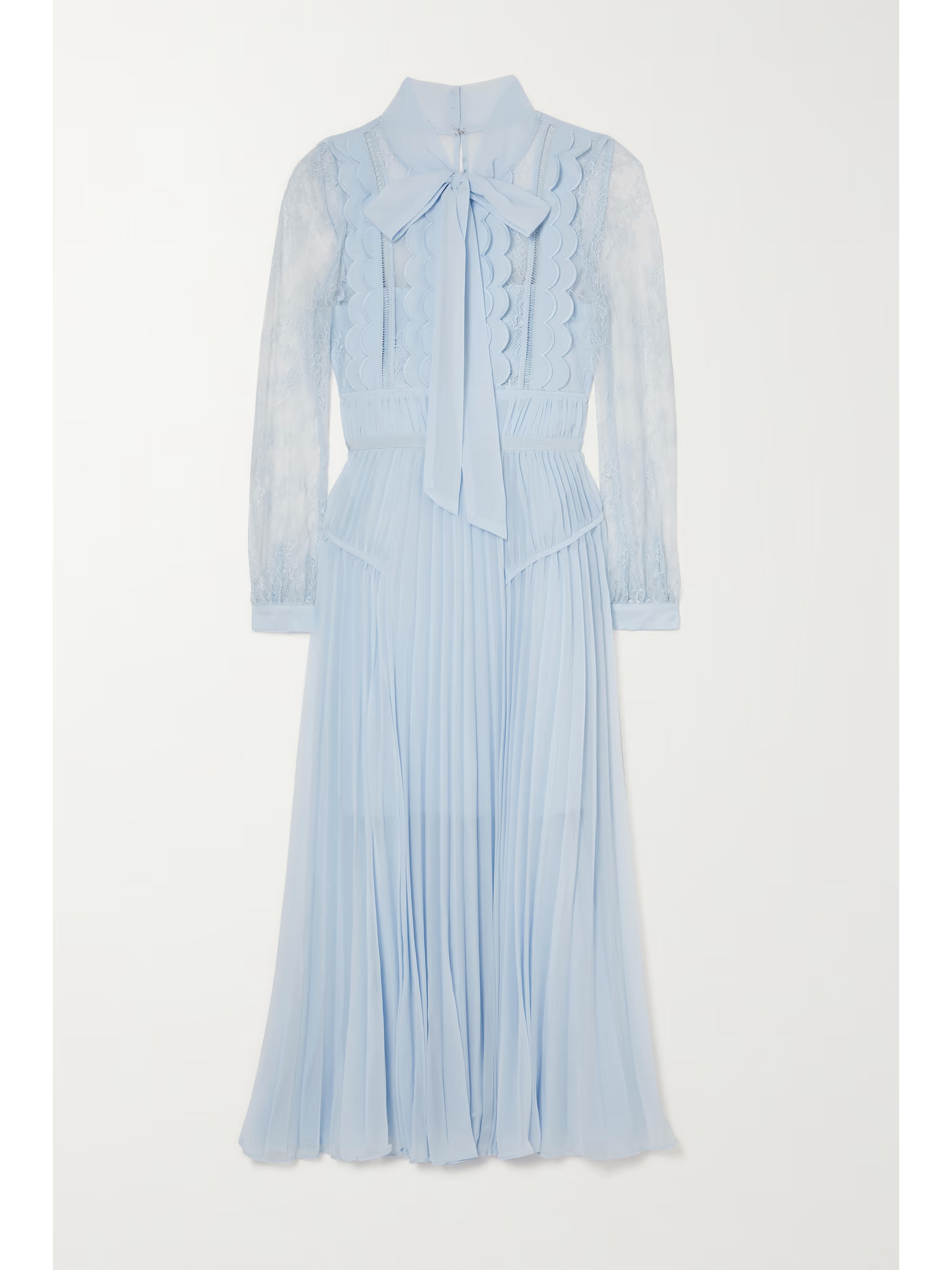 Light blue Pussy-bow pleated lace and chiffon midi dress | SELF-PORTRAIT | NET-A-PORTER | NET-A-PORTER (UK & EU)