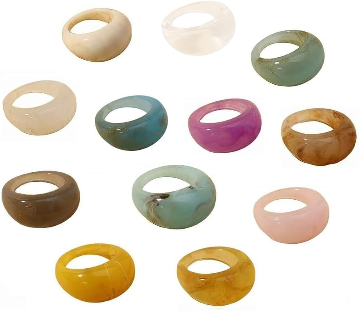 12 pcs Colorful Resin Rings Wide Thick Dome Knuckle Finger Stackable Joint Ring Retro Acrylic Tra... | Amazon (US)