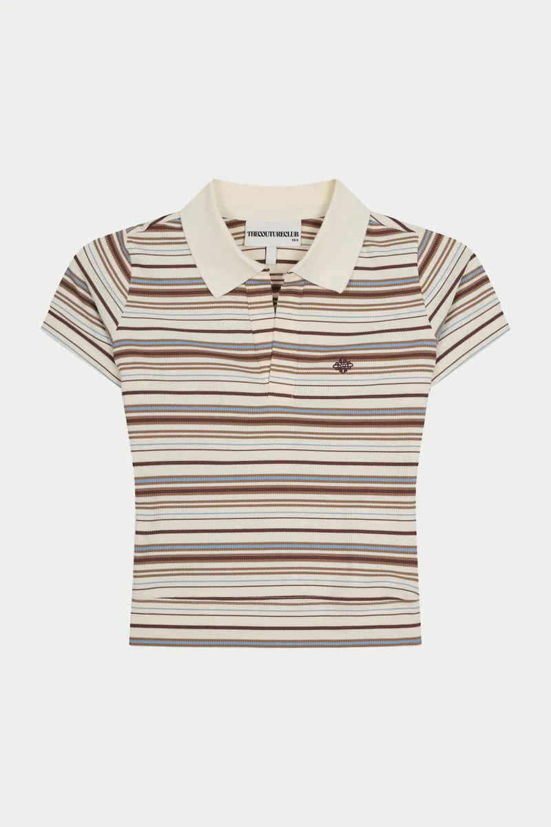 STRIPE SHORT SLEEVE POLO TOP - BEIGE | The Couture Club