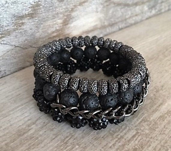 Gunmetal, bracelet stack, black, gray, beaded, handmade, womens bracelet | Etsy (US)
