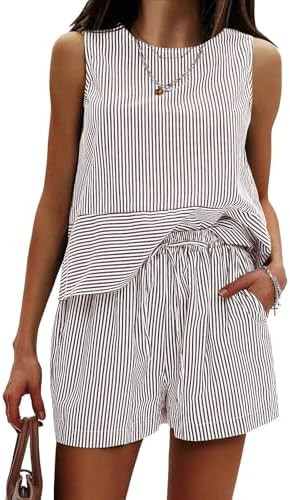 EXLURA Womens 100% Cotton Two Piece Sets Summer Outfits Casual Sleeveless Tank Top Matching Short... | Amazon (US)
