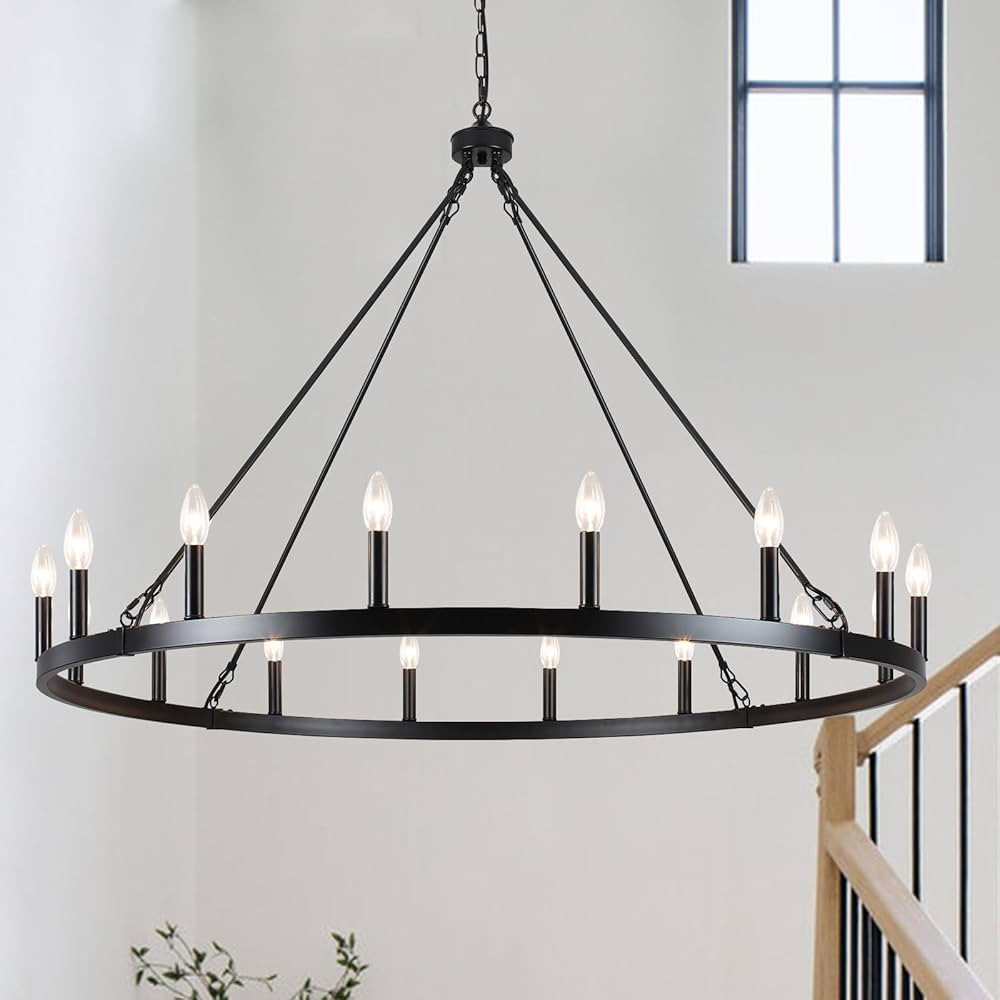 Black Wagon Wheel Chandelier 16-Light 47" Farmhouse Chandelier Round Country Rustic Hanging Light... | Amazon (US)