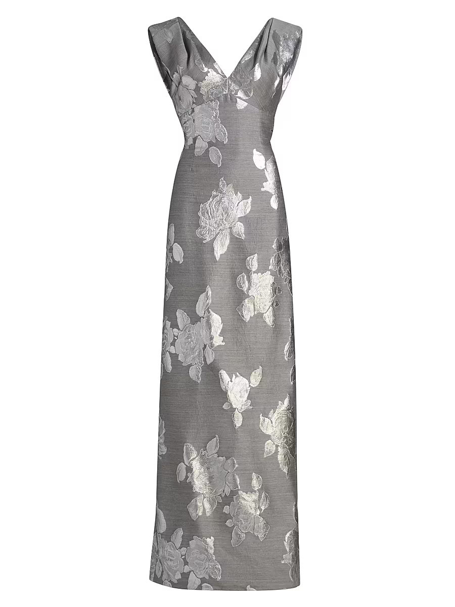 Women's Metallic Floral V-Neck Gown - Silver Grey - Size 8 | Saks Fifth Avenue