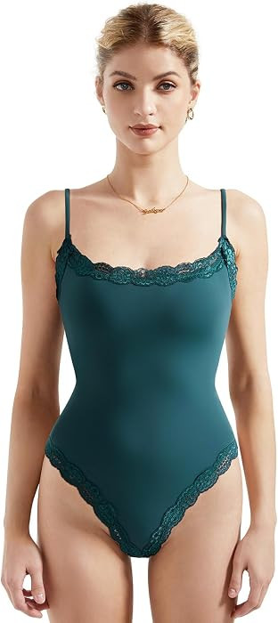 SUUKSESS Women Lace Trim Bodysuits Sleeveless Spaghetti Strap Tank Top | Amazon (US)