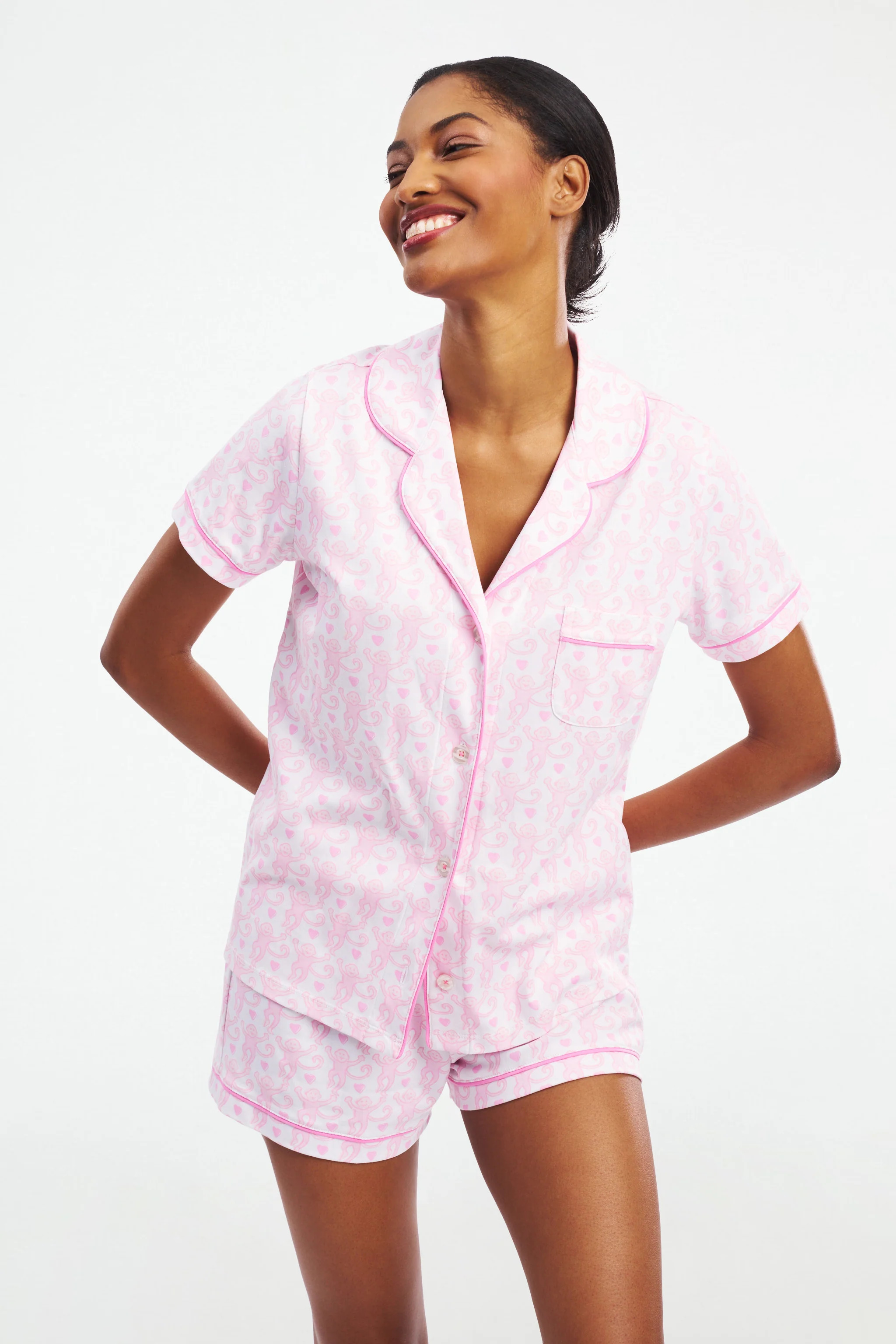 Lovely Monkey Polo Pajamas PALE PINK / L | Roller Rabbit