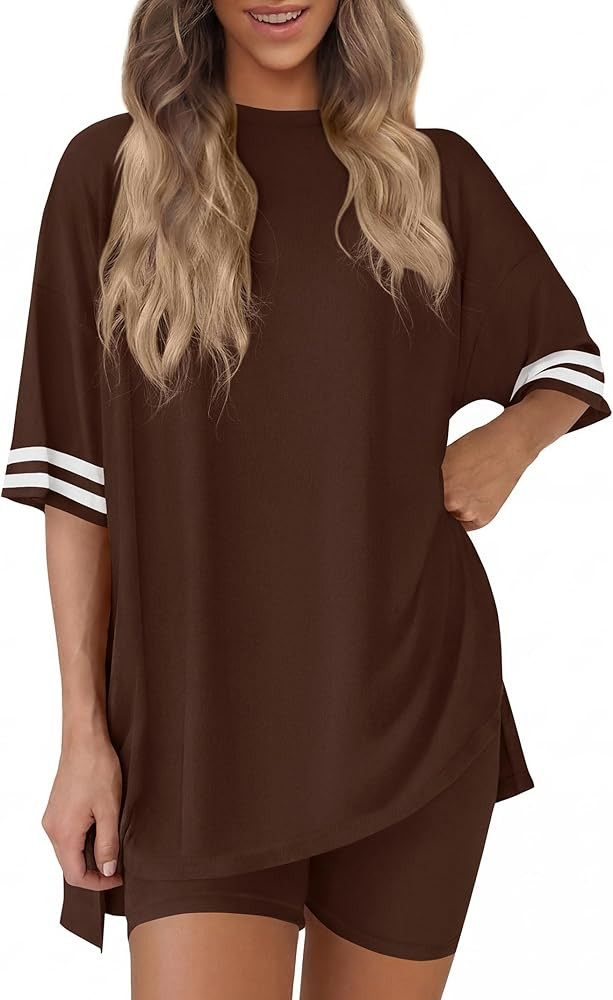 KIRUNDO Women's 2 Piece Lounge Set Airport Travel Outfit 2026 Summer Oversized Shirts Matching Bi... | Amazon (US)