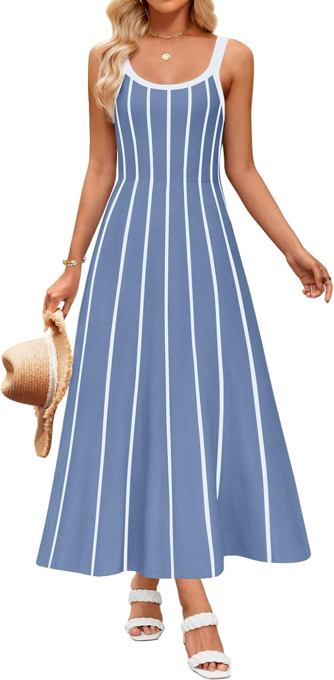ZESICA Womens 2025 Summer Sleeveless Striped Midi Dresses Casual A Line Swing Knit Long Dress Bea... | Amazon (US)