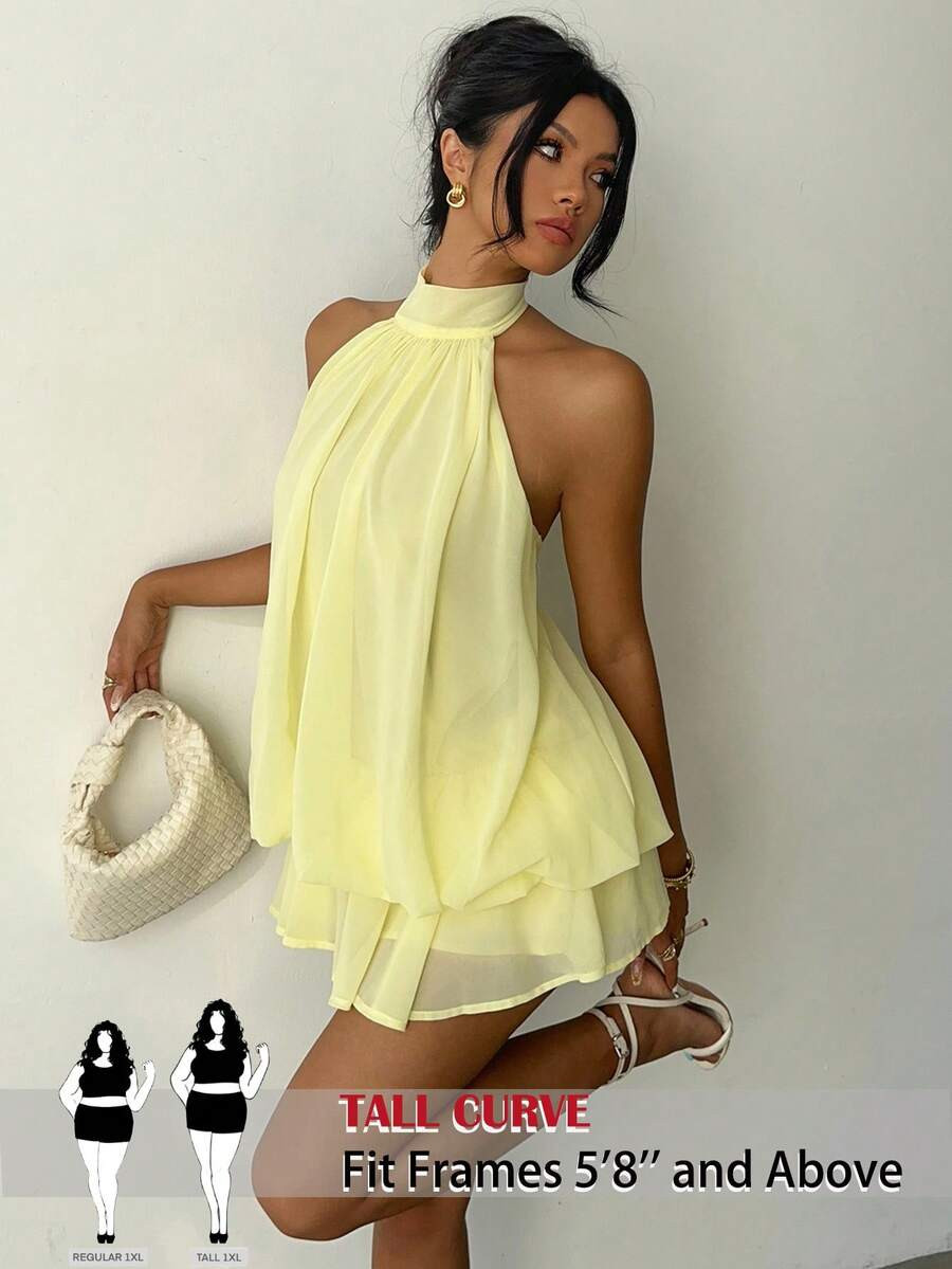 SHEIN Tall CURVE Plus Size Women Elegant Light Yellow Backless Halter Tie Mini Dress For Spring/S... | SHEIN