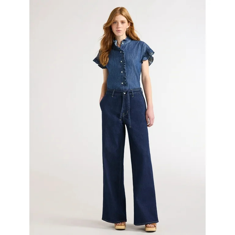 Free Assembly Women's Ruffle Trim Denim Shirt with Short Sleeves, Sizes XS-XXL | Walmart (US)