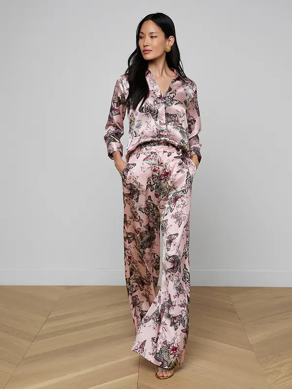 Pilar Silk Wide-Leg Pant in Light Nectar Pink Small Multi Butterfly Jungle | L'AGENCE | L'Agence