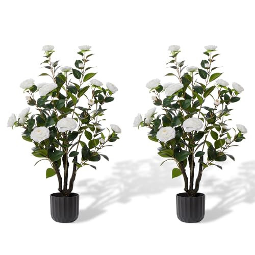 38'' Artificial Faux Camellia Tree Plants for Indoor Outdoor, 2 Pack Fake White Silk Camellia Tree Plants in Cement Pot for Home House Living Room Office Decor | Amazon (US)