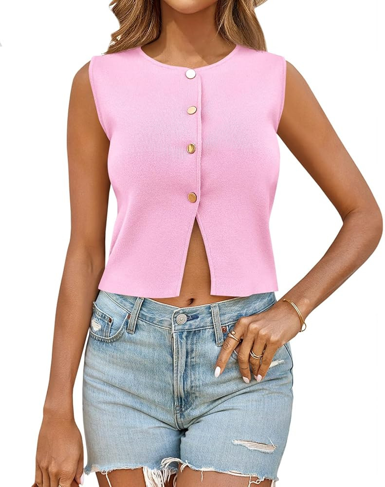 Saodimallsu Womens Sleeveless Cropped Sweater Vest Summer Trendy Knit Crop Tank Tops Crewneck But... | Amazon (US)