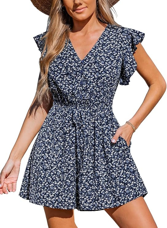 CUPSHE Women's Romper Tropical Flutter Sleeve Boho Overall V Neck Wide Leg Outfit Casual Beach | Amazon (US)