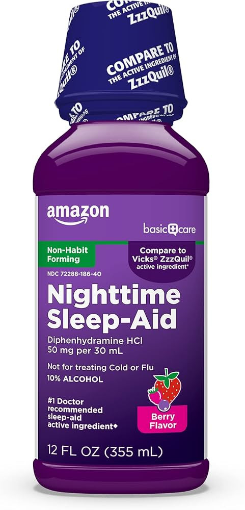 Amazon Basic Care Night Time Sleep-Aid Liquid for Adults, Diphenhydramine HCl 50 mg, Mixed Berry ... | Amazon (US)