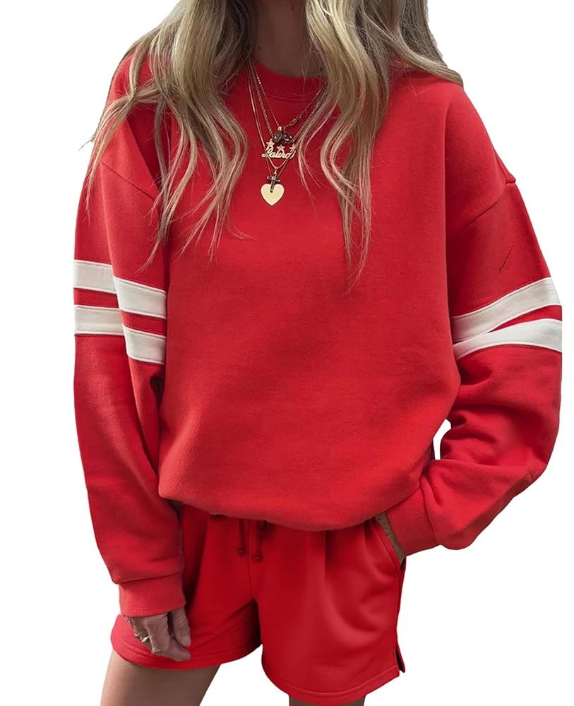 SELINK Women 2 Piece Outfits Sweatsuit Casual Long Sleeve Pullover and Shorts Sets Travel Tracksu... | Amazon (US)