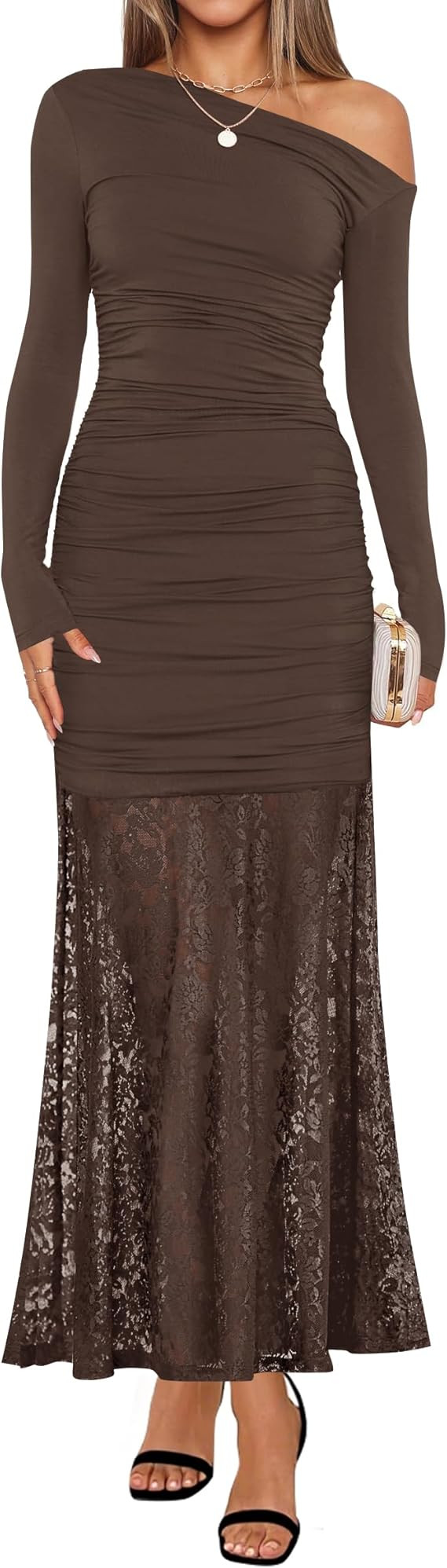 ZESICA Women's Long Sleeve Off Shoulder Bodycon Dresses Fall 2025 Ruched Lace Wedding Guest Cockt... | Amazon (US)