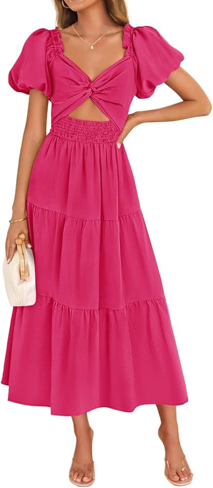 ZESICA Womens Summer Casual Flowy Vacation Maxi Dress 2026 Short Puff Sleeve A Line Smocked Cutou... | Amazon (US)