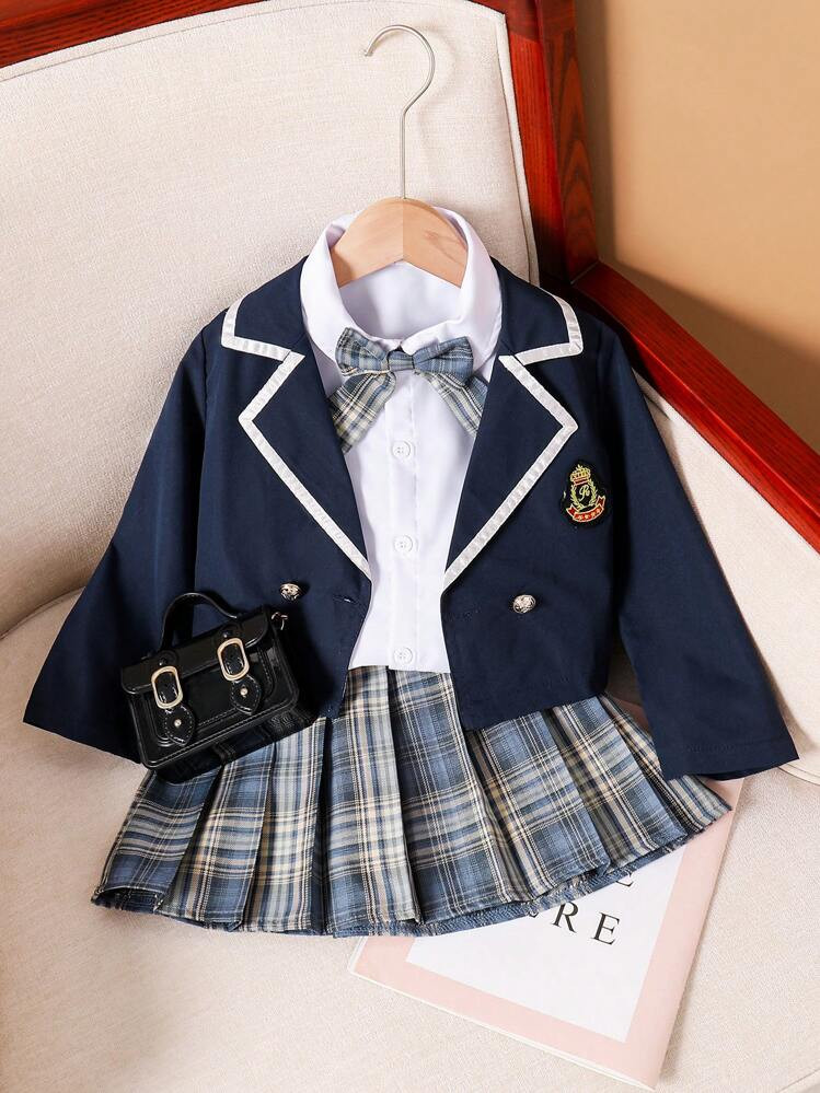 Young Girl Classic College Style Jacket With Badge Collar, Contrast Trim And Skirt With Plaid & B... | SHEIN