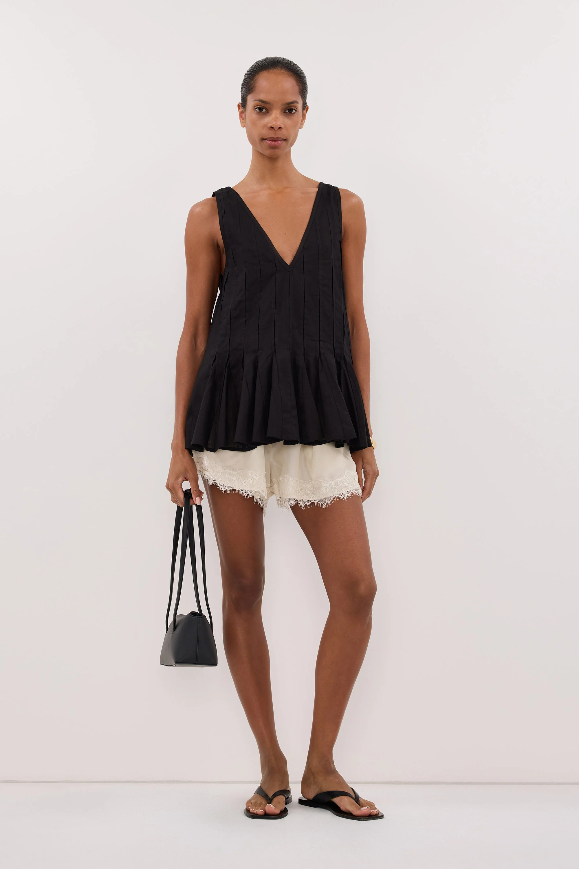 PIXIE BLACK LINEN GODET TOP | DISSH
