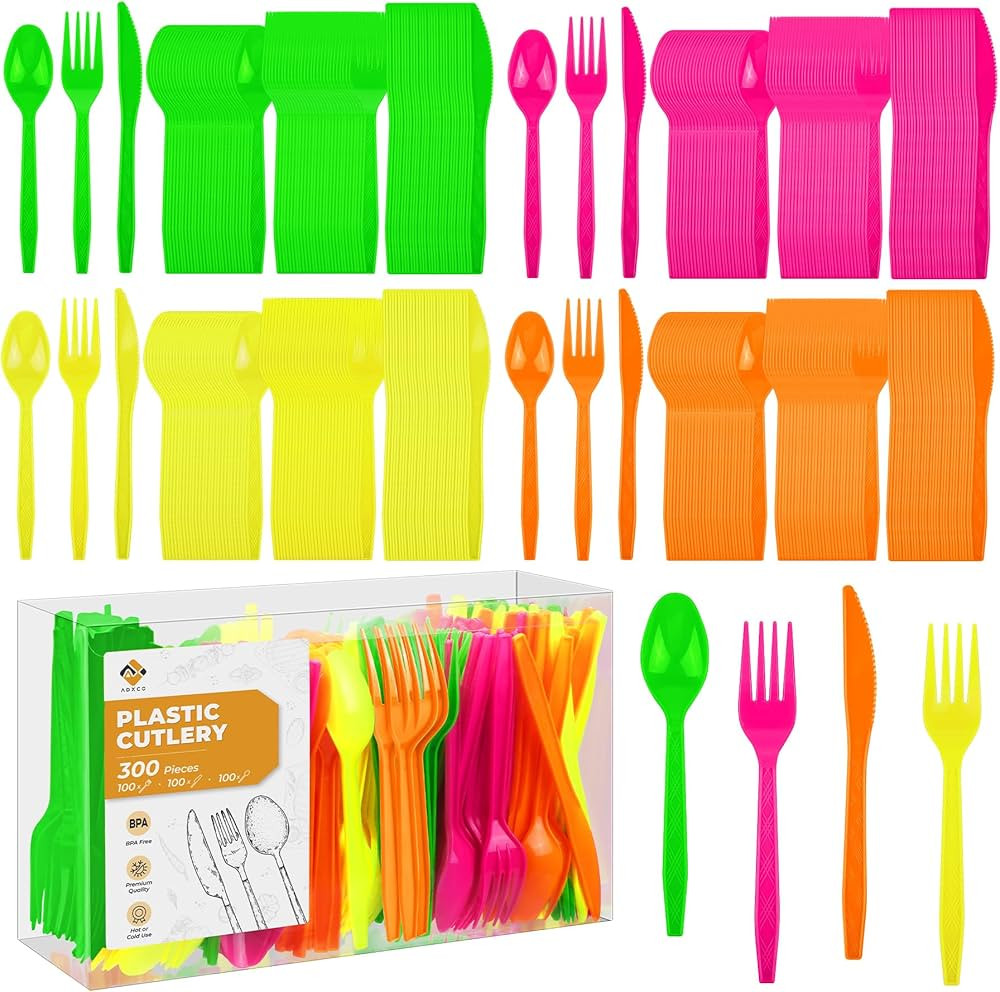 300 Pieces Neon Party Plastic Cutlery Set Colorful Disposable Silverware Sets Included 100 Neon P... | Amazon (US)