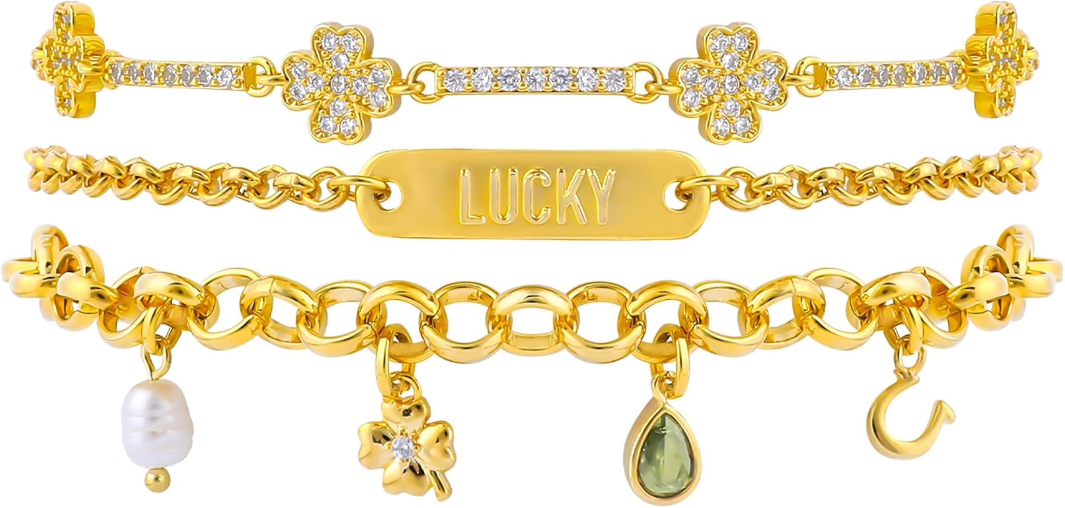MOONWALTZ Gold Charm Link Bracelets for Women 3pcs 14K Gold Plated Pearl Lucky Clover Moon Star T... | Amazon (US)