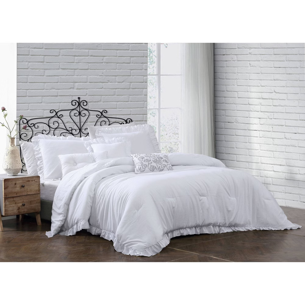 King 6pc Davina Enzyme Washed Ruffle Comforter Set White - Geneva Home Fashion | Target