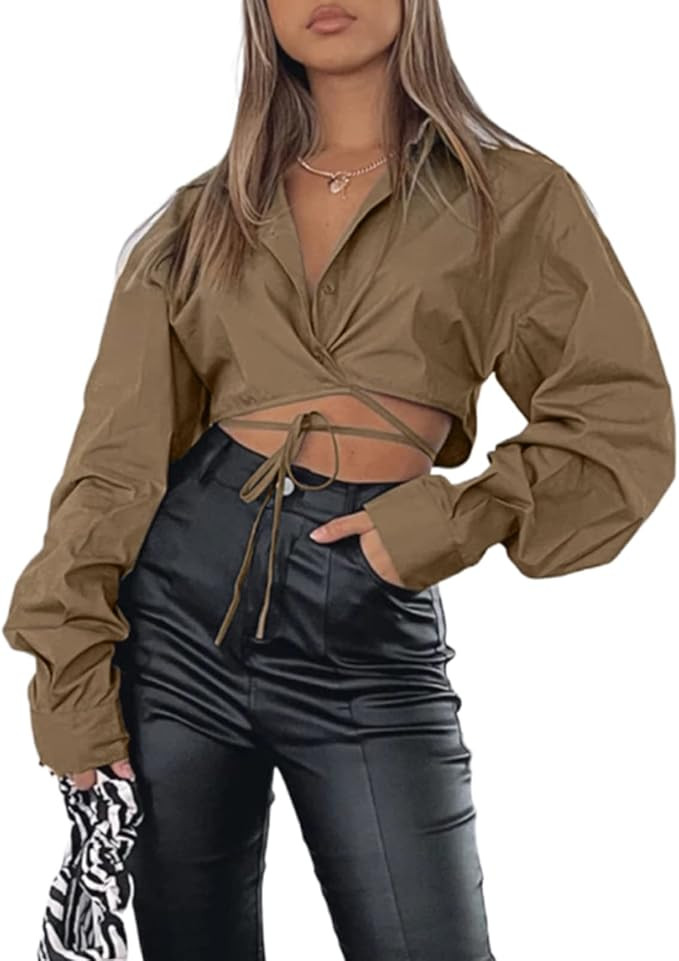 Women Cropped Button Down Shirt Long Sleeve Lapel Collared Crisscross Tie Crop Shirts Top Dressy ... | Amazon (US)