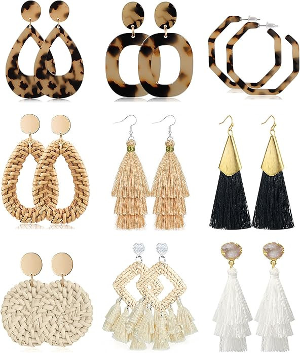 Honsny 9 Pairs Rattan Earrings|Tassel Earrings for Women|Acrylic Hoop Drop Dangle Earrings|Boho S... | Amazon (US)