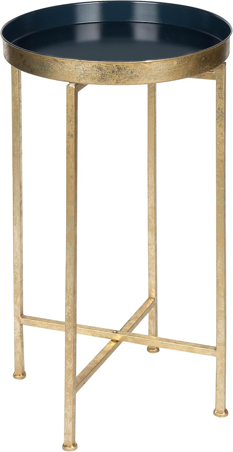 Kate and Laurel Celia Round Metal Foldable Tray Accent Table, Navy Blue with Gold Base | Amazon (US)