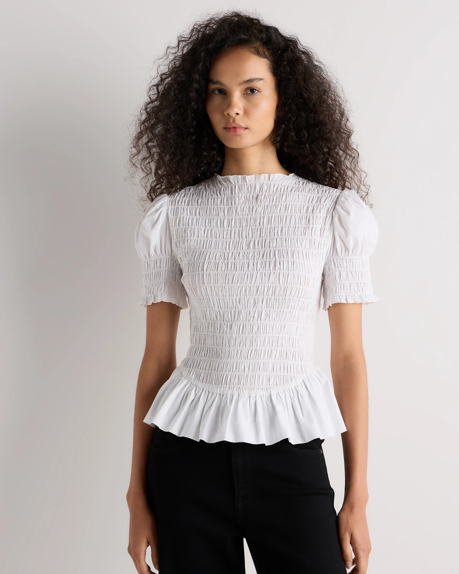 Quince | Women's Cotton Viscose Voile Smocked Peplum Top in Classic Mini Gingham, Size Large | Quince