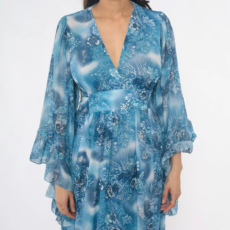 70s Angel Sleeve Dress Blue Floral Wrap Kimono Sleeves Winter Nature Print Cottagecore Fairycore ... | Etsy (Global)