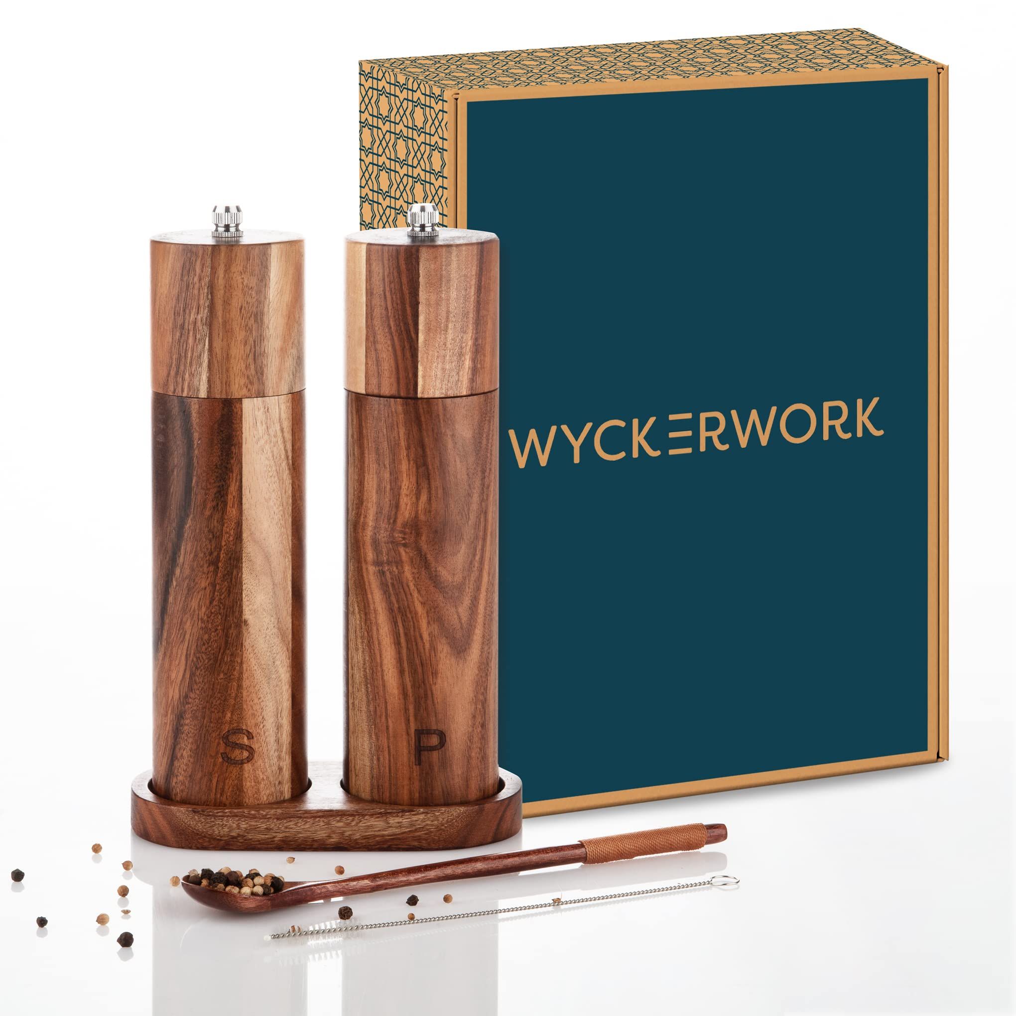 Wyckerwork Salt and Pepper Grinder Set – Wooden Salt and Pepper Shakers Set with Tray, Cleaning Brus | Amazon (US)