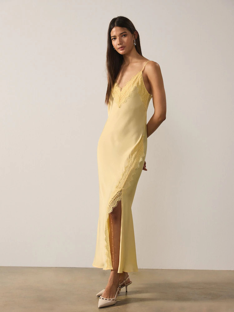 Yellow Strappy Satin Cami Midi Dress With Lace Trim | Next US