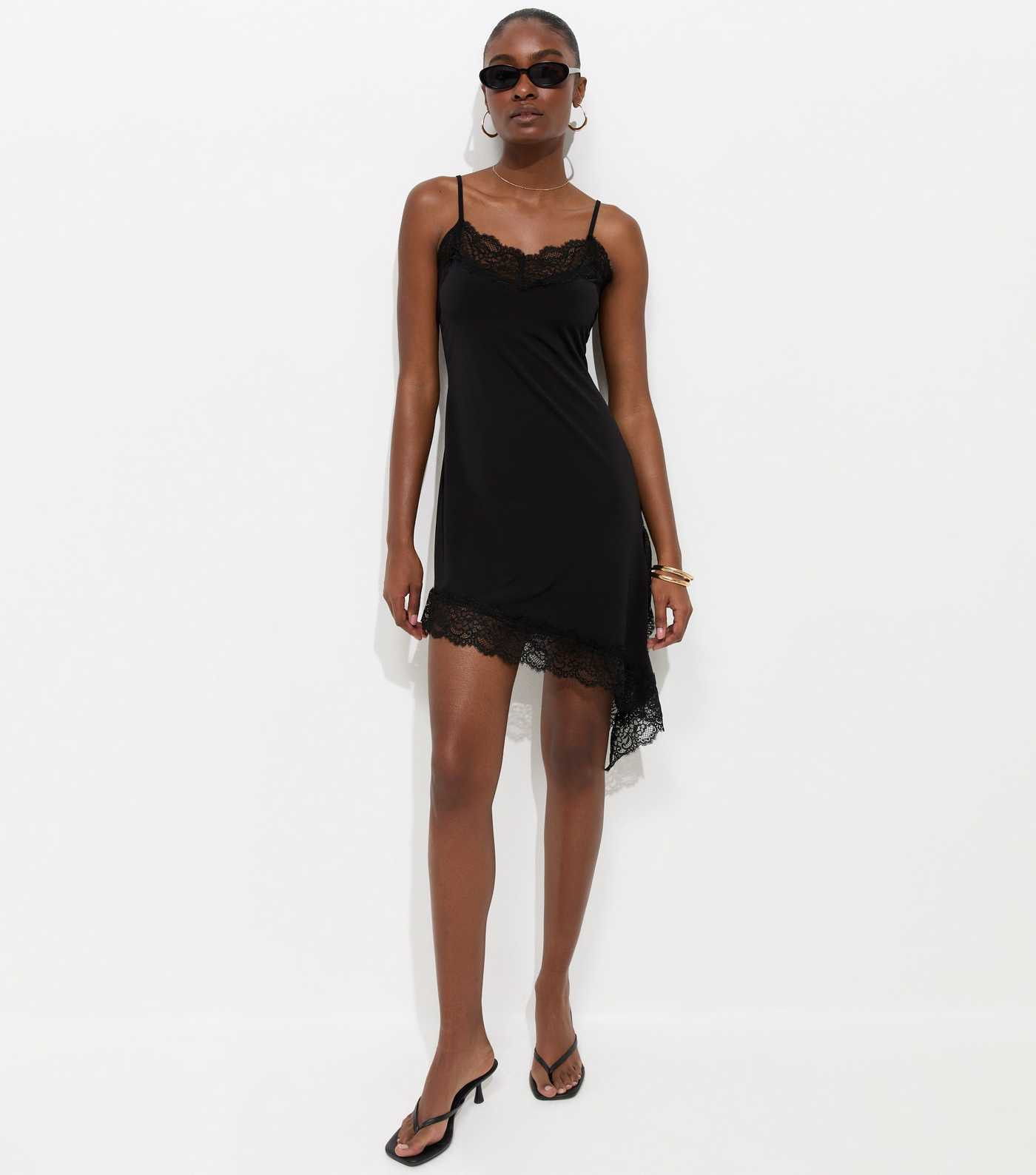 Black Jersey Lace Trim Asymmetric Hem Cami Mini Dress | New Look | New Look (UK)