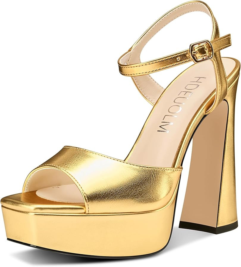 HDEUOLM Womens Chunky Block High Platform Heel Square Toe Peep Toe Sandals Ankle Strap Buckle Wed... | Amazon (US)