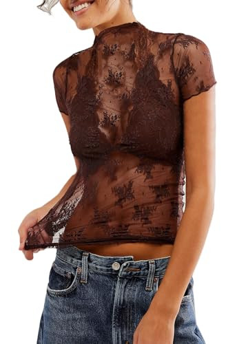 Sheer Mesh Short Sleeve Layering Top for Women Mock Neck Floral Lace Tshirt See Through Tee Shirt... | Amazon (US)